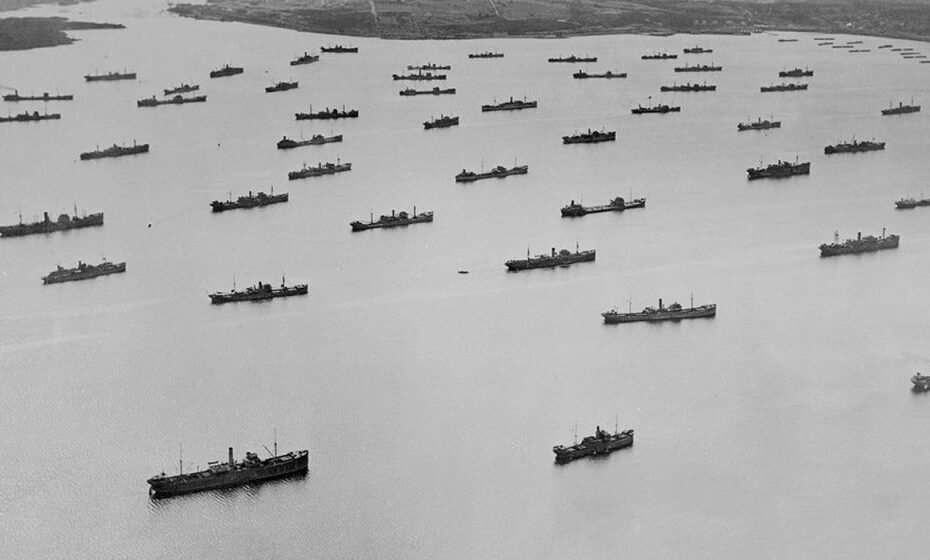 A convoy arrives in Bedford Basin, Halifax NS, April 1, 1943. (The Maritime Museum of the Atlantic)