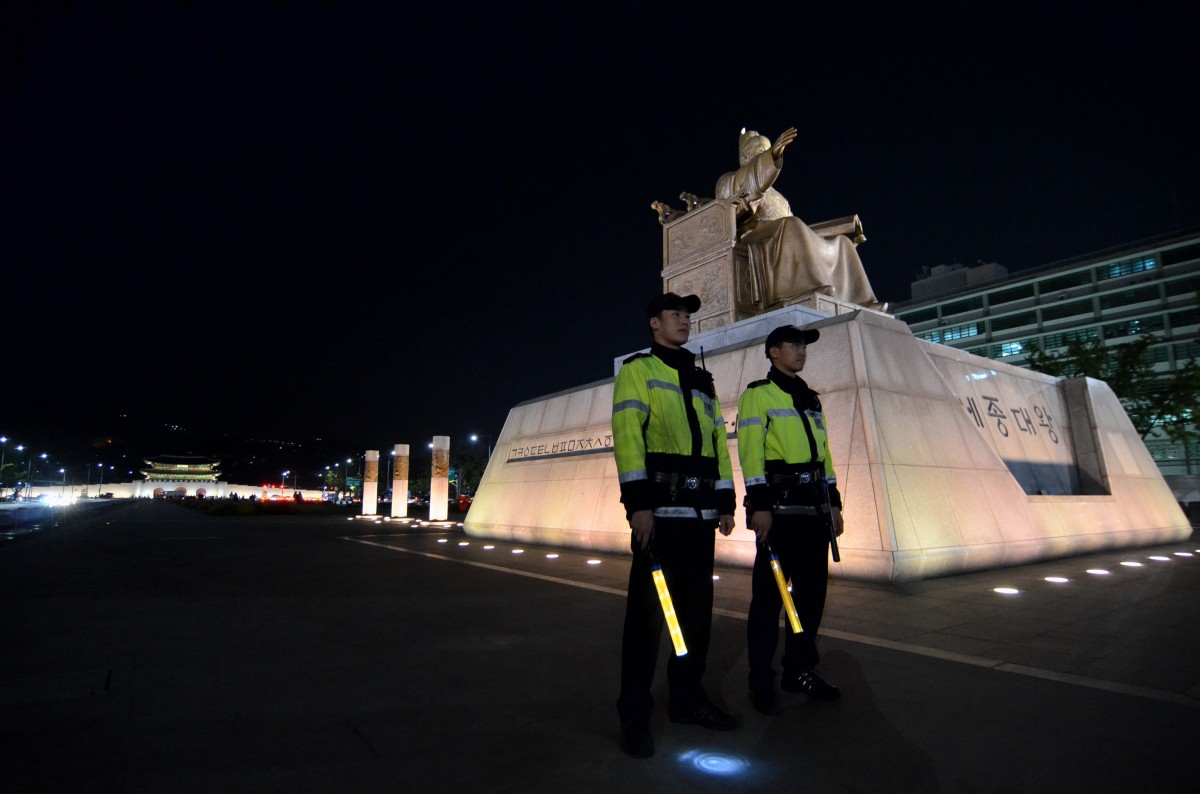 The statue of King Sejong the Great in Gwanghwamun Square, Seoul. The creation of Hangeul is honored as Sejong's greatest achievement.