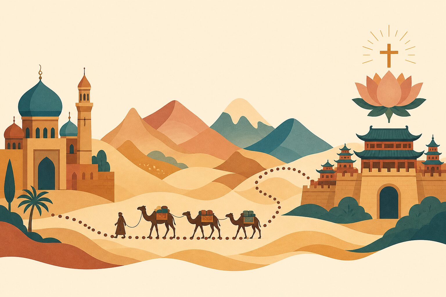 A flat, warm earth-toned illustration: a camel caravan setting out from Persian-style domed architecture on the left crosses desert hills and mountains along the Silk Road, while on the right a small cross resting on a lotus glows above East Asian walls and pavilions
