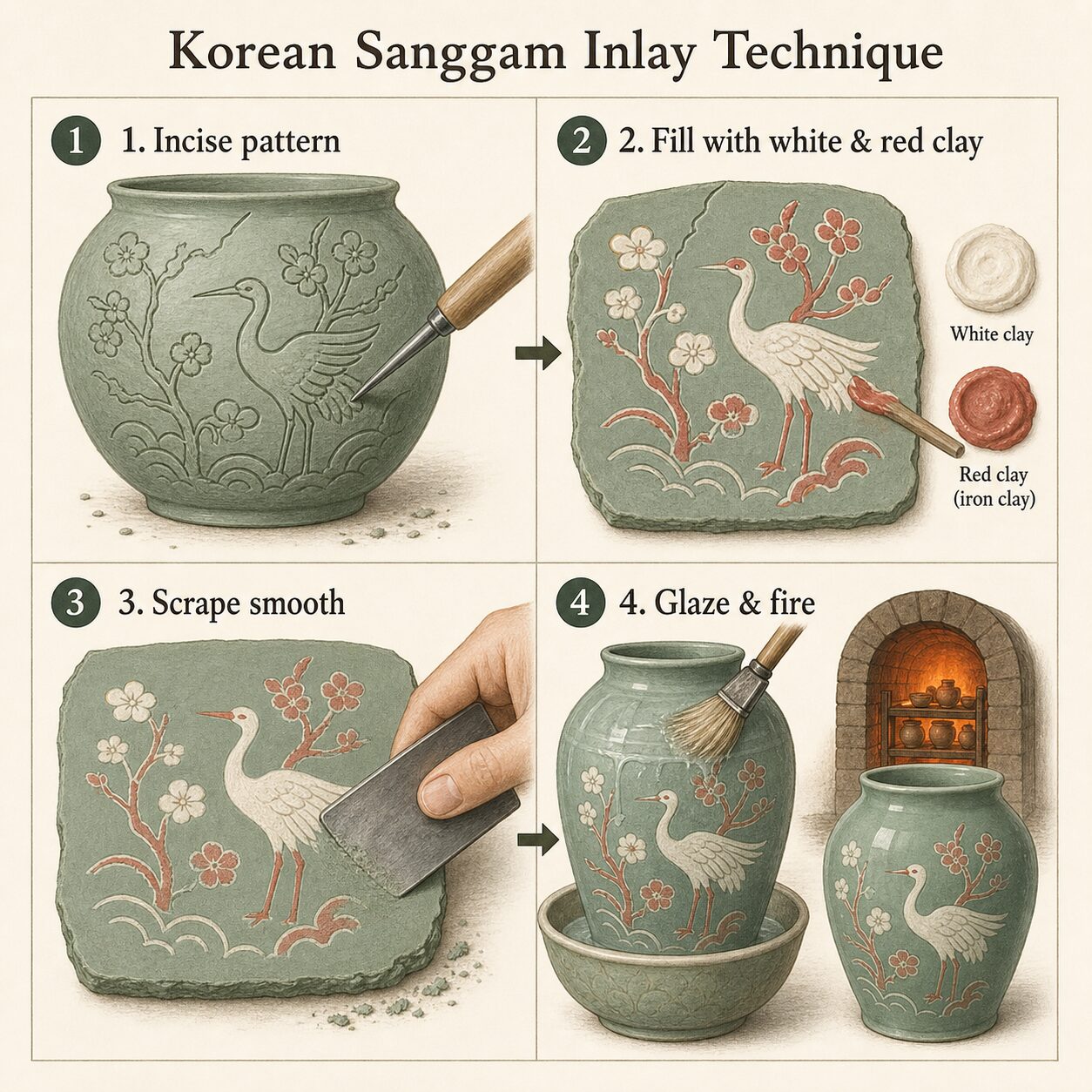 상감 기법의 음각, 흙 메움, 깎기, 굽기 단계를 보여주는 도해