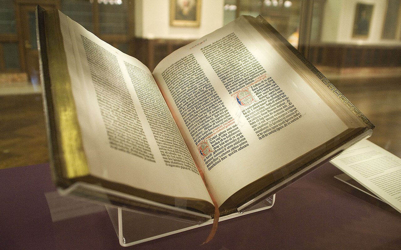 Gutenberg's 42-line Bible (the New York Public Library Lenox copy), printed in Mainz, Germany, in 1452-1455, about 78 years later than the Jikji.