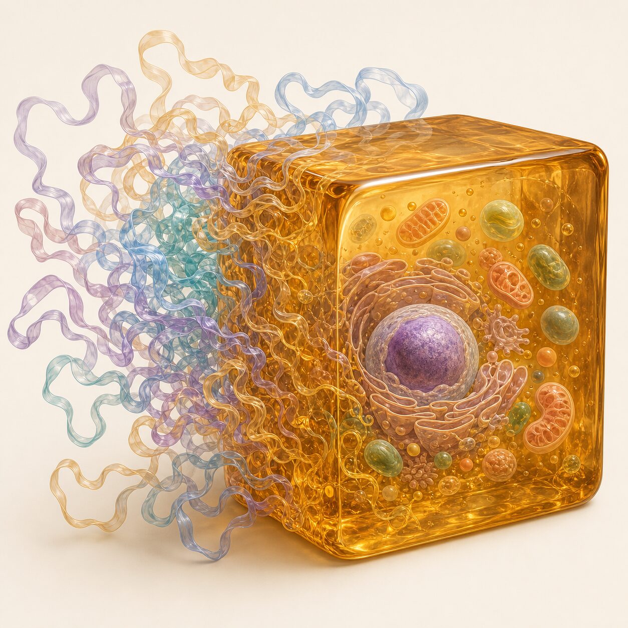 A conceptual illustration of how, on drying, the tardigrade's unique disordered proteins harden into glass and encase and fix the structures inside the cell.