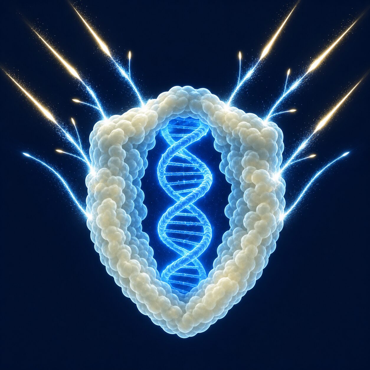 A conceptual illustration of the active defence in which the Dsup protein wraps around the DNA double helix, preventing radiation and reactive oxygen species from breaking the strands.