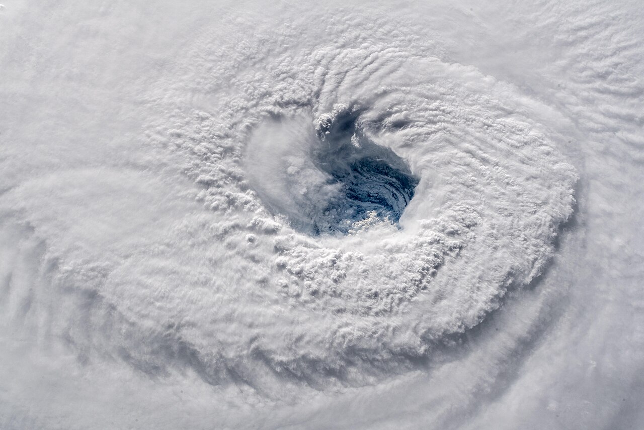 Hurricane Florence (2018) seen from the International Space Station. The eyewall encircling the eye looks like a deep well, and this eyewall zone is where the strongest winds and heaviest rain are concentrated.