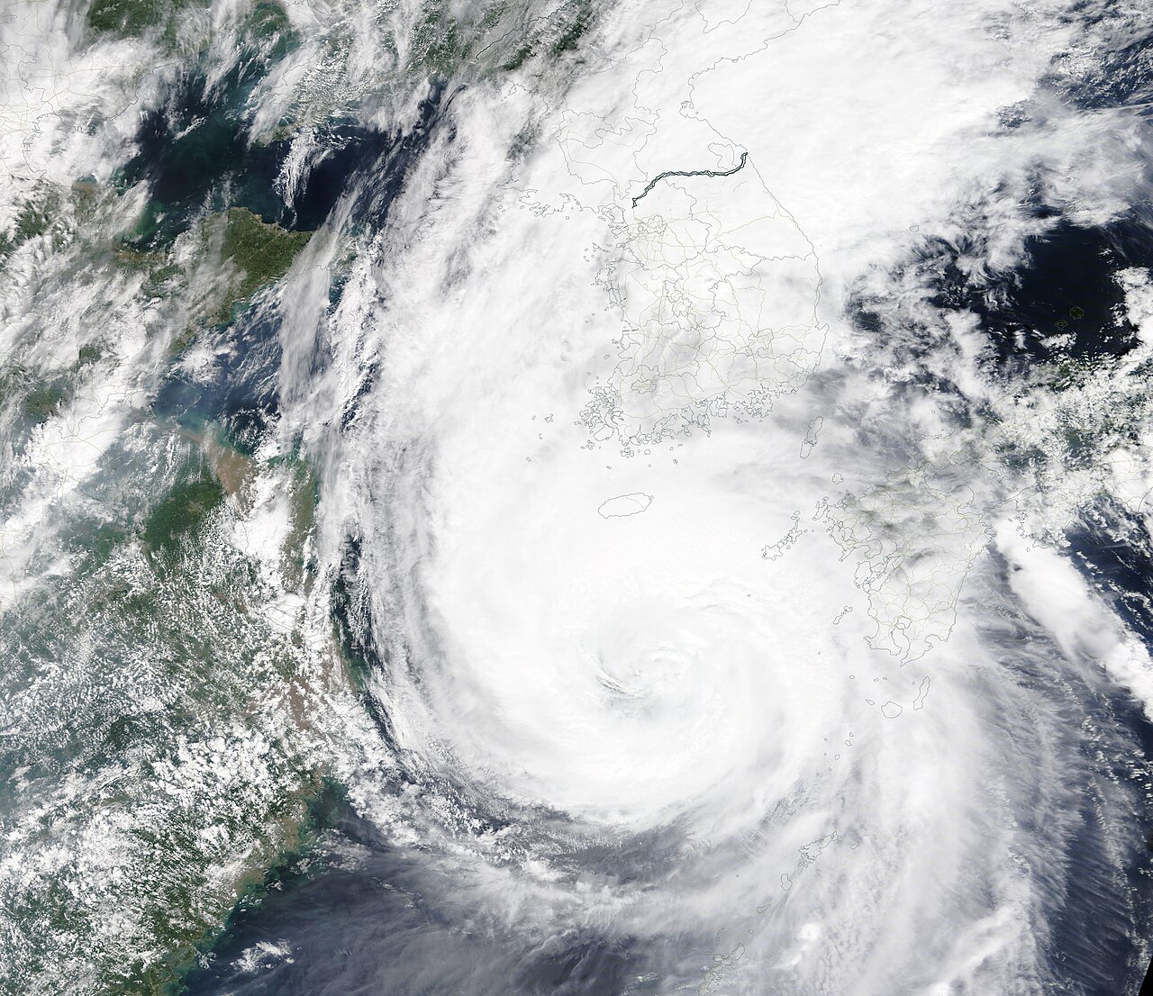 A satellite image of Typhoon Maysak moving north toward the Korean Peninsula in September 2020. On average about 3.4 typhoons affect the Korean Peninsula each year, concentrated mainly in July–September.