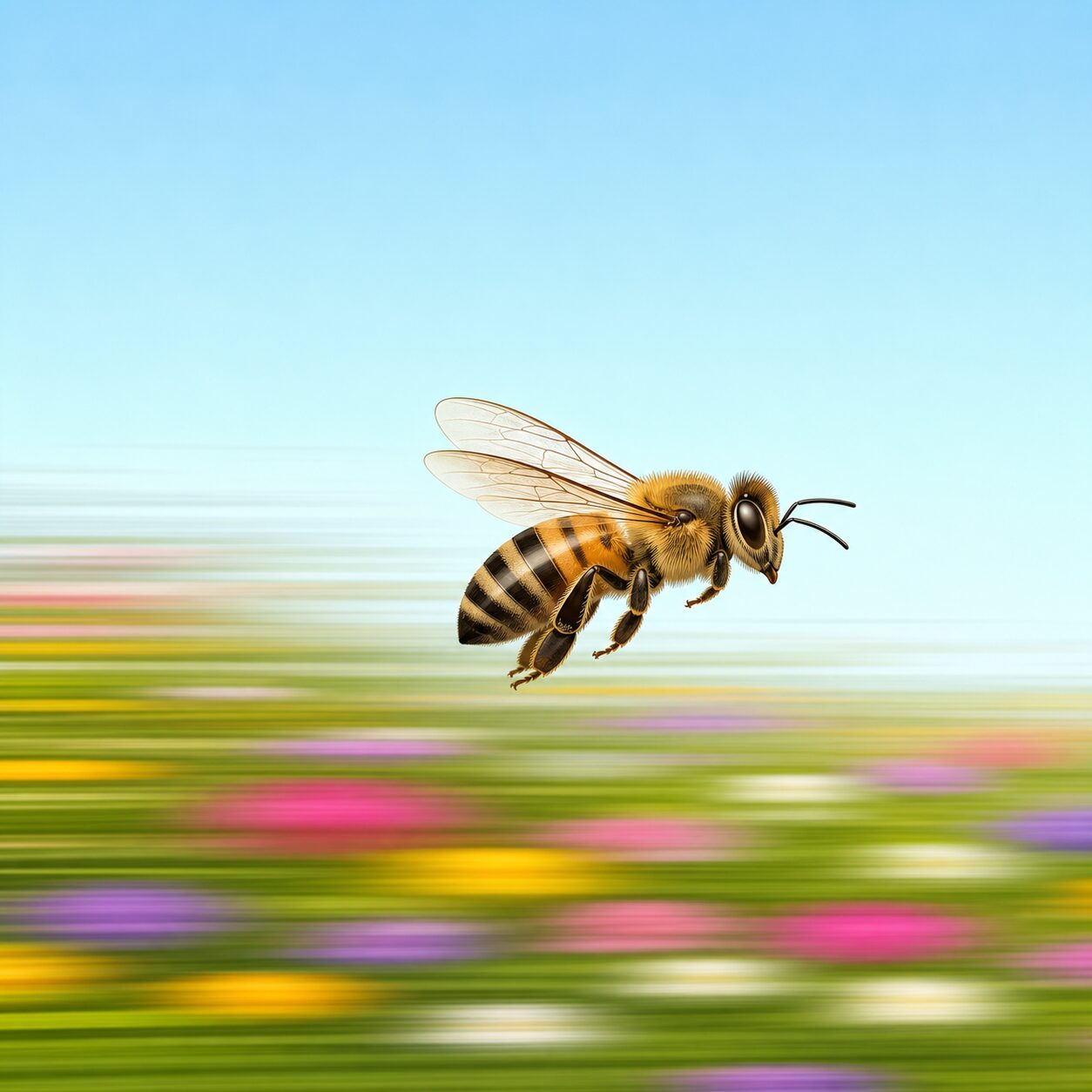 Concept of distance measurement — the bee gauges distance by the amount of scenery streaming across her eye during flight (optic flow). Rendered with the background flowing and only the bee in sharp focus.