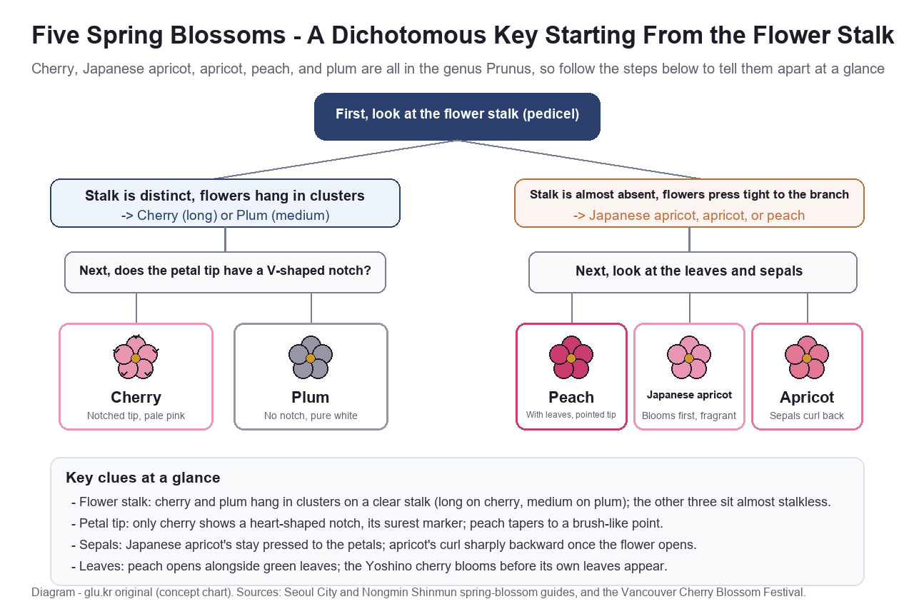 A dichotomous key diagram for telling apart cherry, Japanese apricot, apricot, peach, and plum starting from the flower stalk