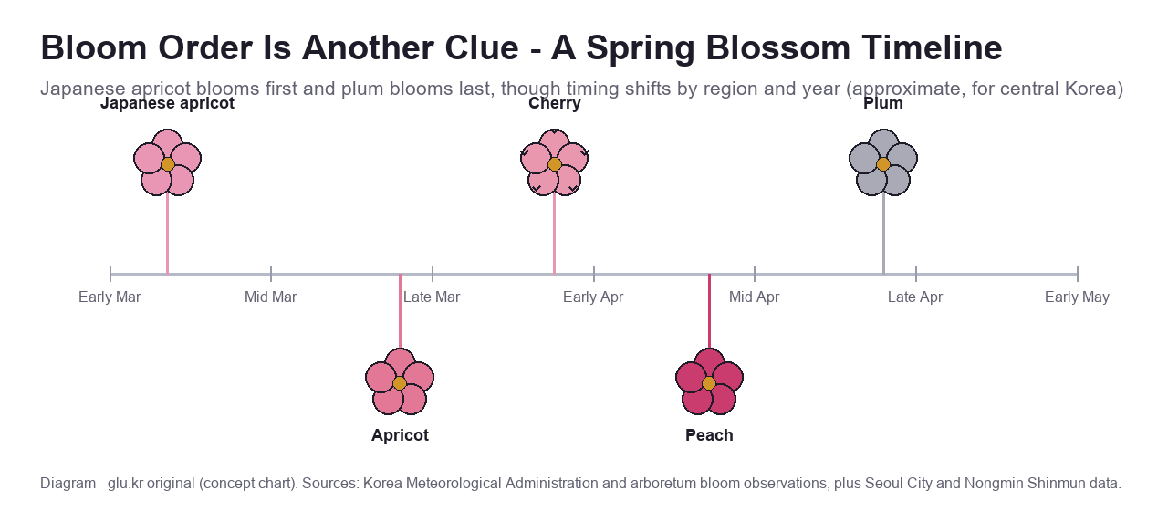 A timeline diagram of the blooming order of Japanese apricot, apricot, cherry, peach, and plum