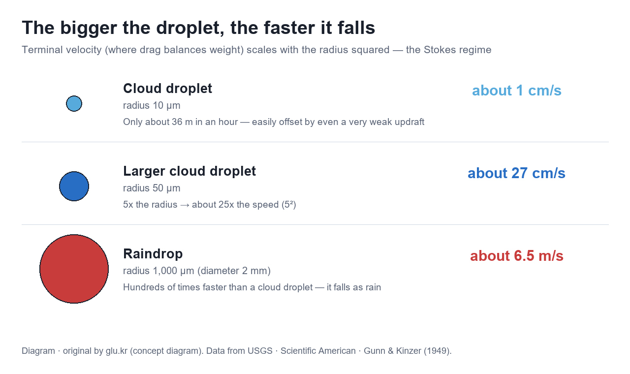 Comparison diagram showing terminal velocity rising sharply as droplet radius grows