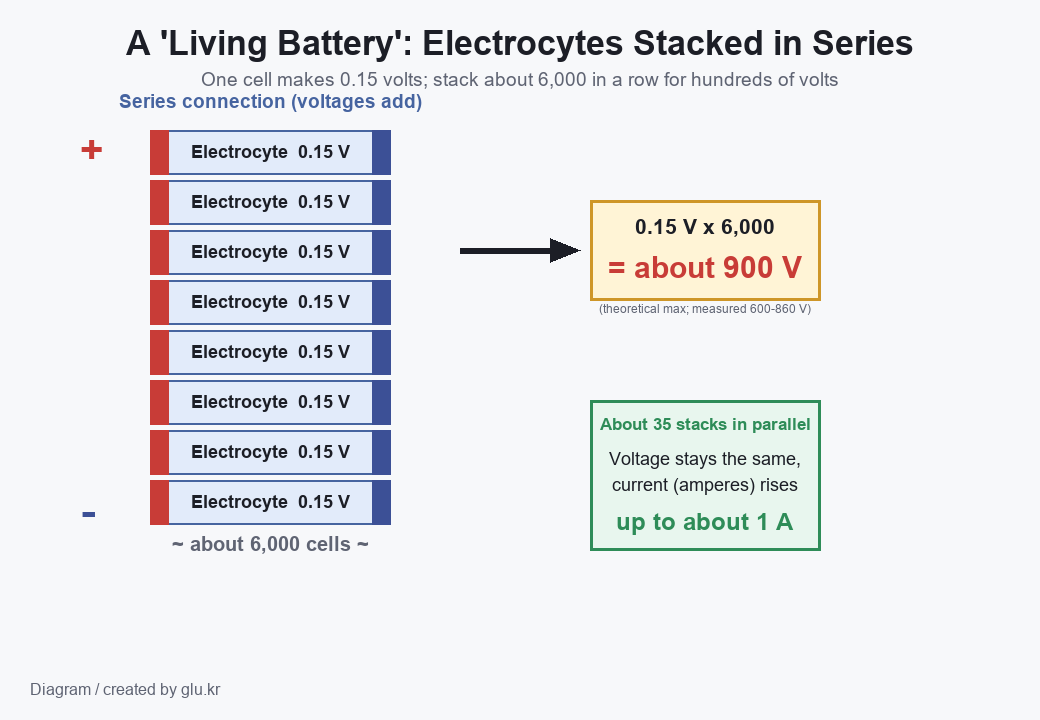 A diagram of a series battery in which electrocytes are stacked vertically so voltages add up, with a summed value of about 900 volts and a parallel note on the right