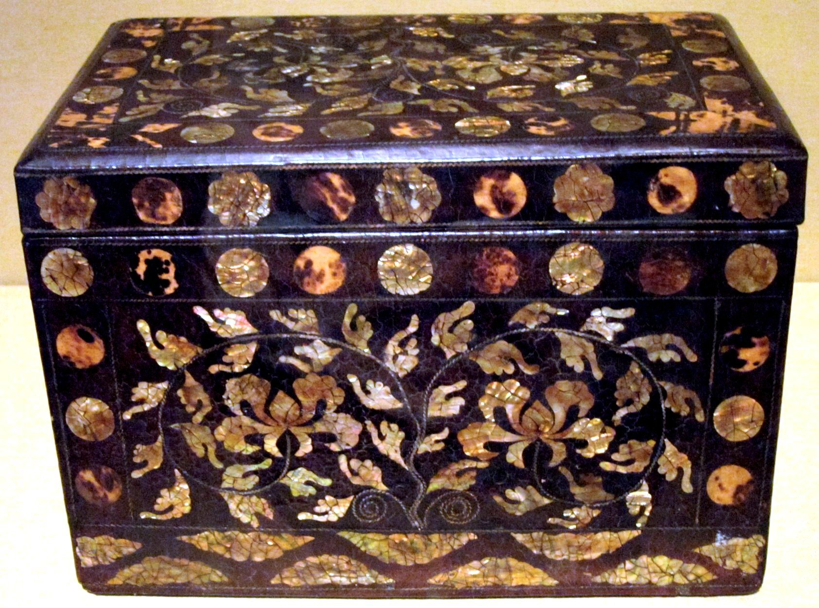 Shell (and tortoiseshell) pieces inlaid into a lacquer ground on an 18th-century Joseon-dynasty najeon lacquerware box (Honolulu Museum of Art) - subtle color shifts appear under light