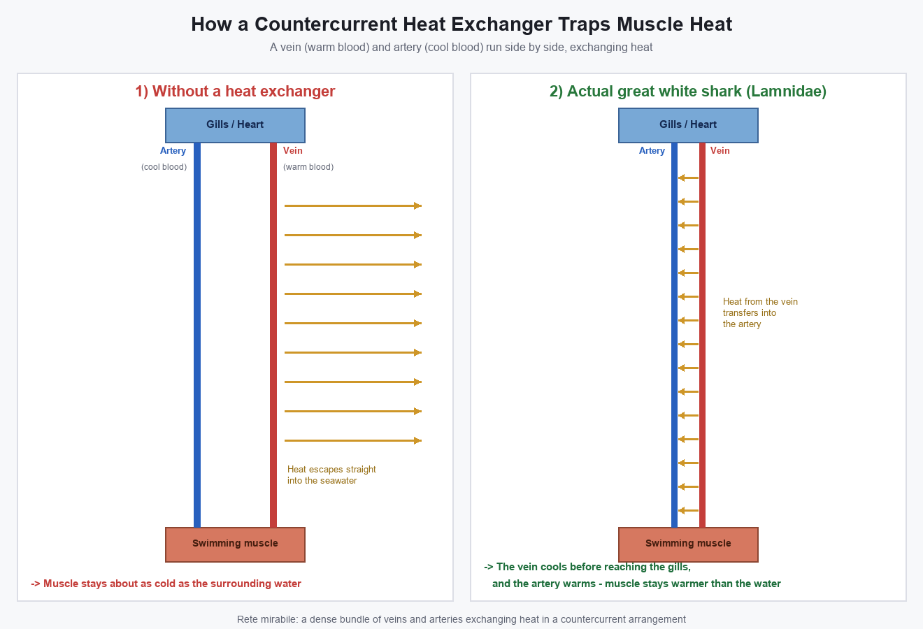 Diagram showing how heat from the vein transfers into the artery in a countercurrent heat exchange structure