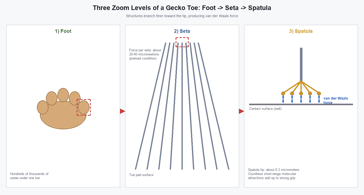 Diagram showing how a gecko foot magnifies through setae to spatula structures that generate the van der Waals force
