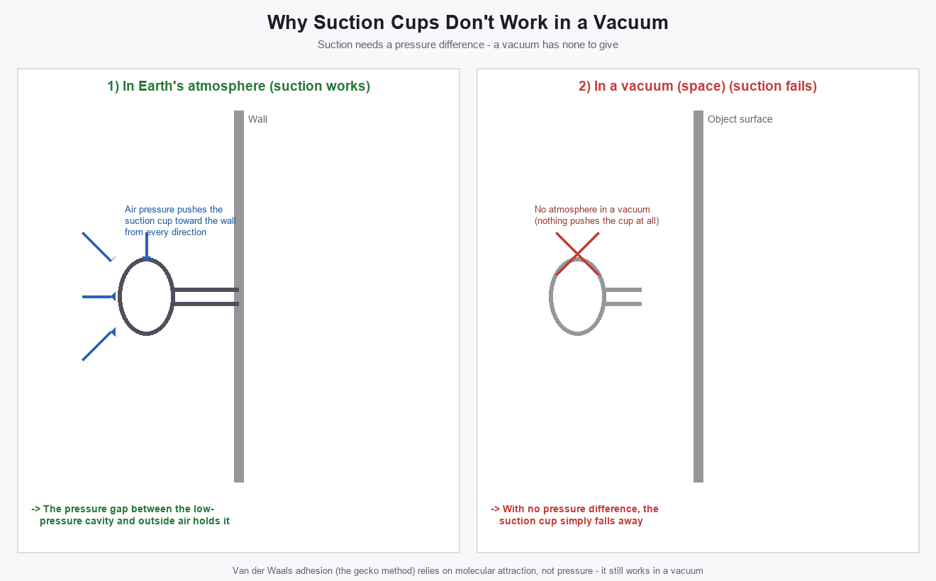 Diagram comparing whether a suction cup works on Earth, where there is atmospheric pressure, versus in a pressureless vacuum