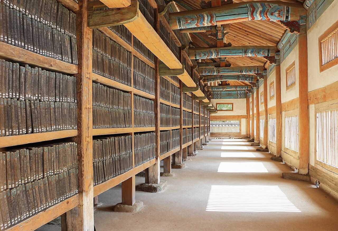 Tripitaka Koreana woodblocks packed on wooden shelves