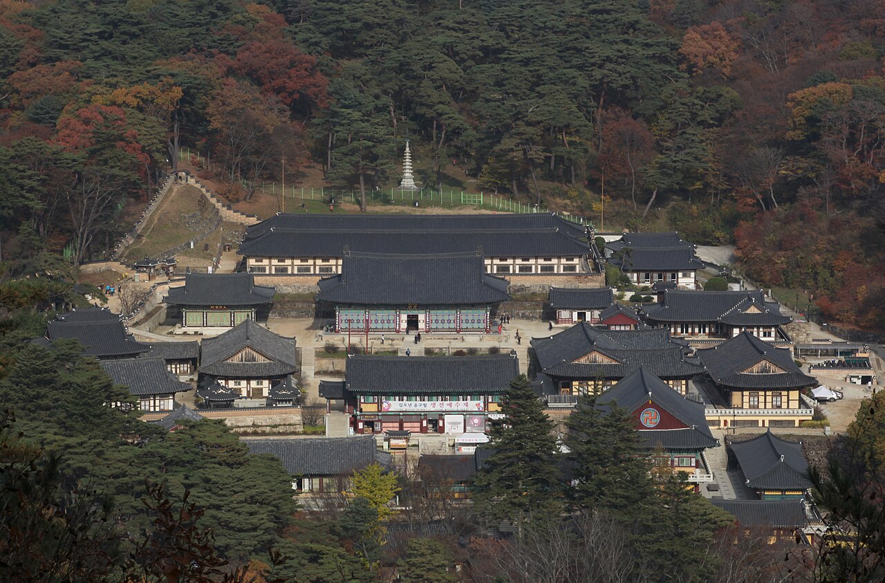 Aerial view of Haeinsa temple on the slopes of Gayasan