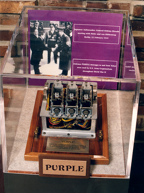 A surviving fragment of a Type 97 Alphabetical Typewriter (PURPLE) on display. The U.S. rebuilt this machine from first principles, without ever seeing the original.