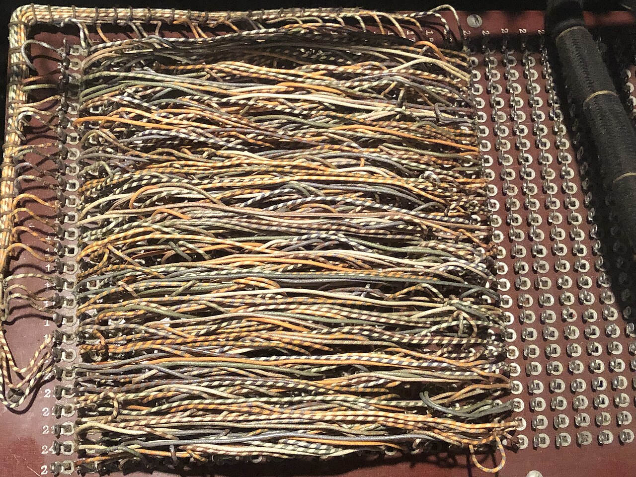 Close-up of the wiring on a PURPLE reconstruction machine displayed at the National Cryptologic Museum.