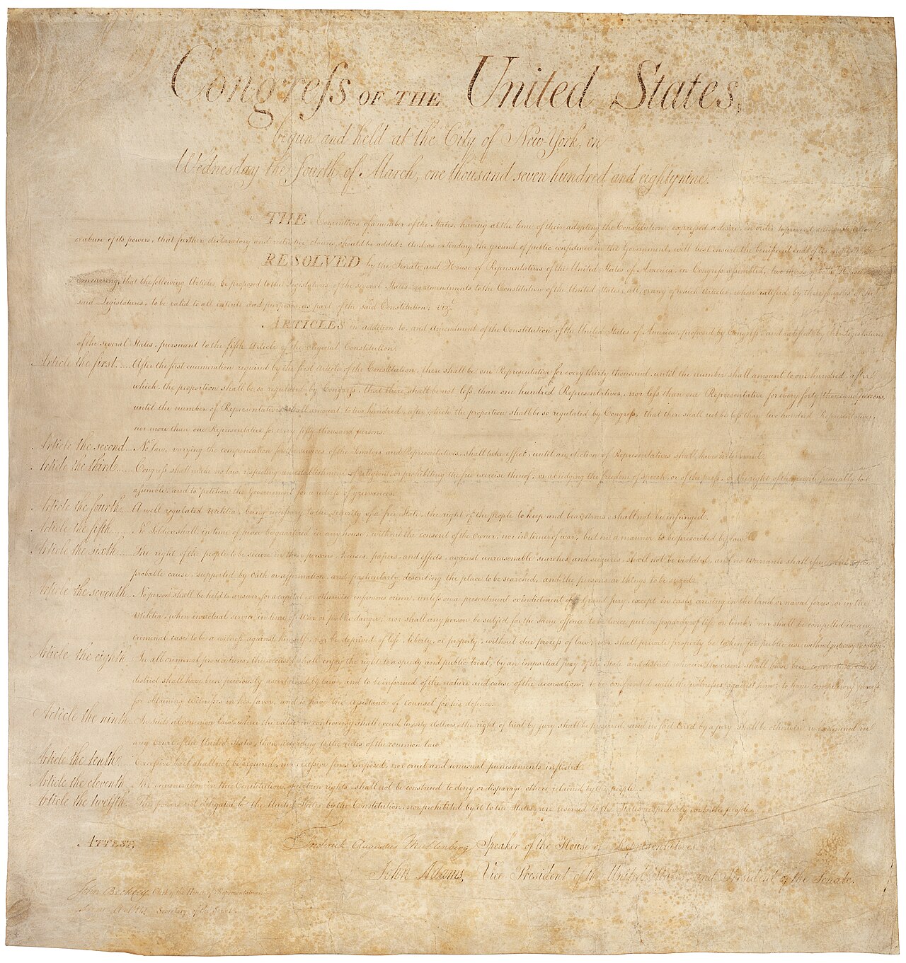 The handwritten engrossed copy of the United States Bill of Rights