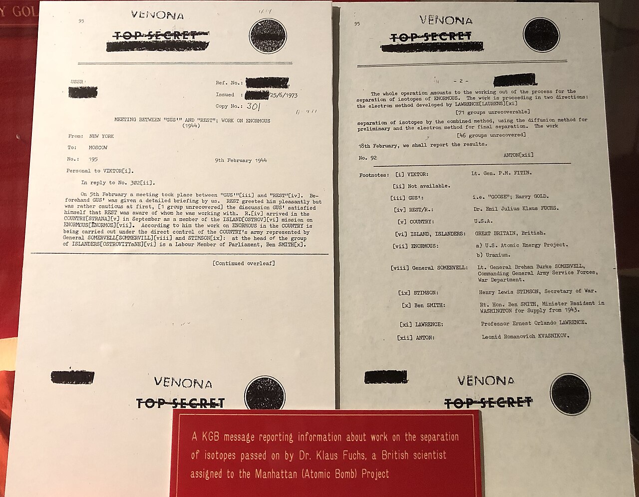 A declassified copy of a Venona decrypt on display at the National Cryptologic Museum in Maryland. It concerns isotope separation.