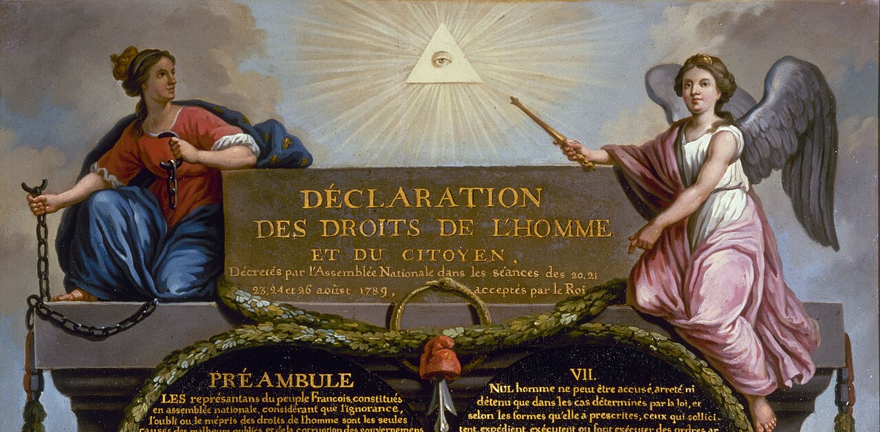 An 18th-century painting displaying the text of the Declaration of the Rights of Man