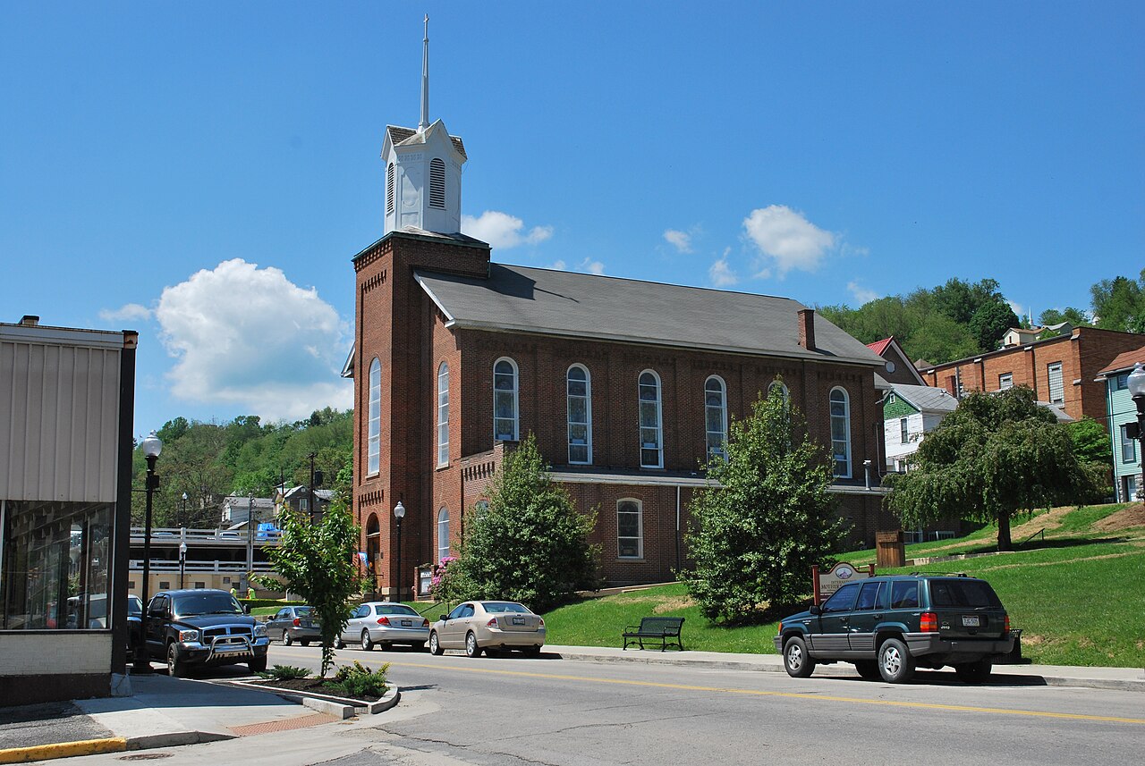 Exterior of the brick Andrews Methodist Episcopal Church building in Grafton, West Virginia.