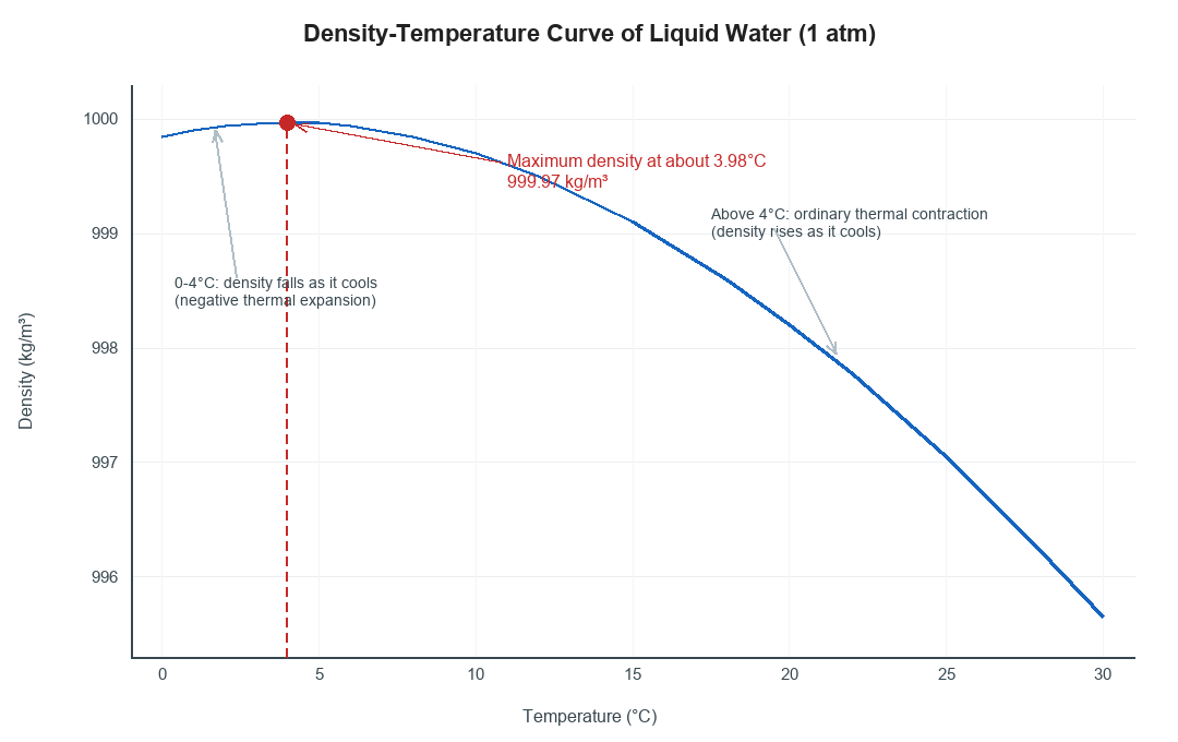 The density–temperature curve of water. It peaks at about 3.98°C (999.97 kg/m³); below that (0–4°C) it shows negative thermal expansion, growing less dense as it cools.