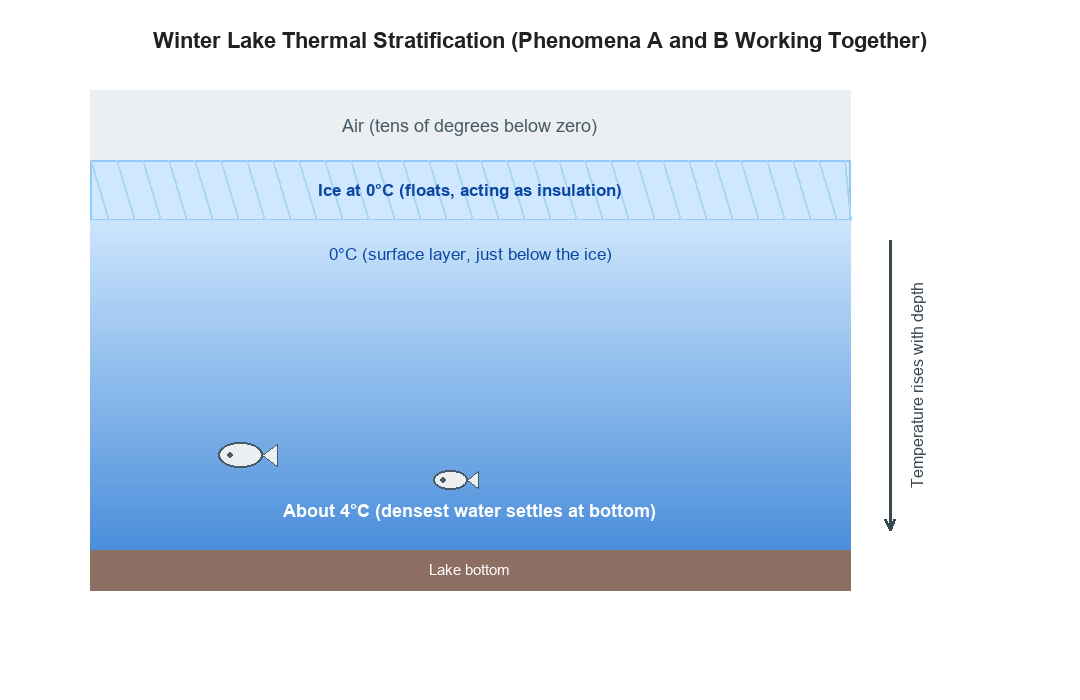 A schematic of winter thermal stratification in a lake. Below the surface ice (0°C), the temperature rises with depth, so the bottom stays at about 4°C.