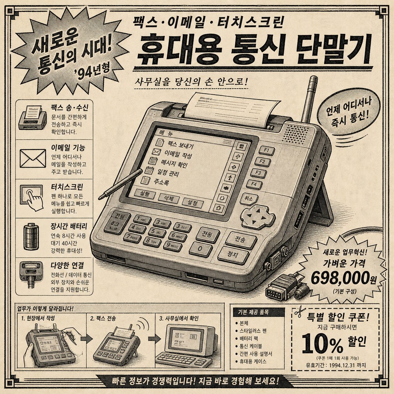 An AI-generated concept illustration imagining an early 1994 advertisement for a portable communications device (not an actual ad).