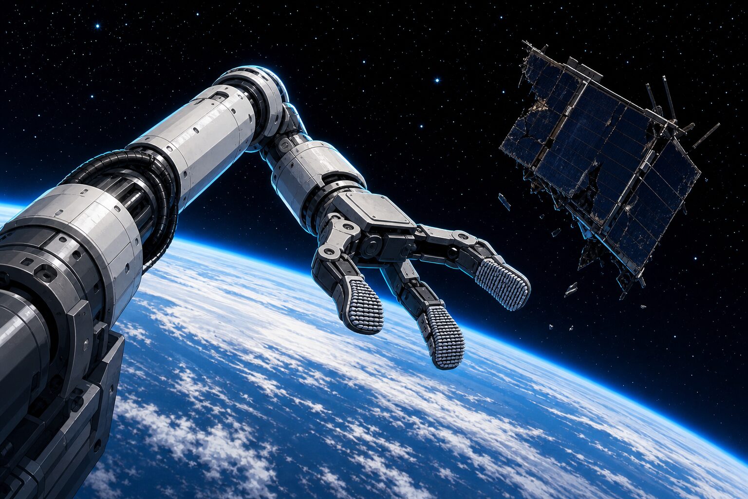 A concept illustration of a robotic gripper modeled on gecko footpad patterns reaching toward orbital debris in space