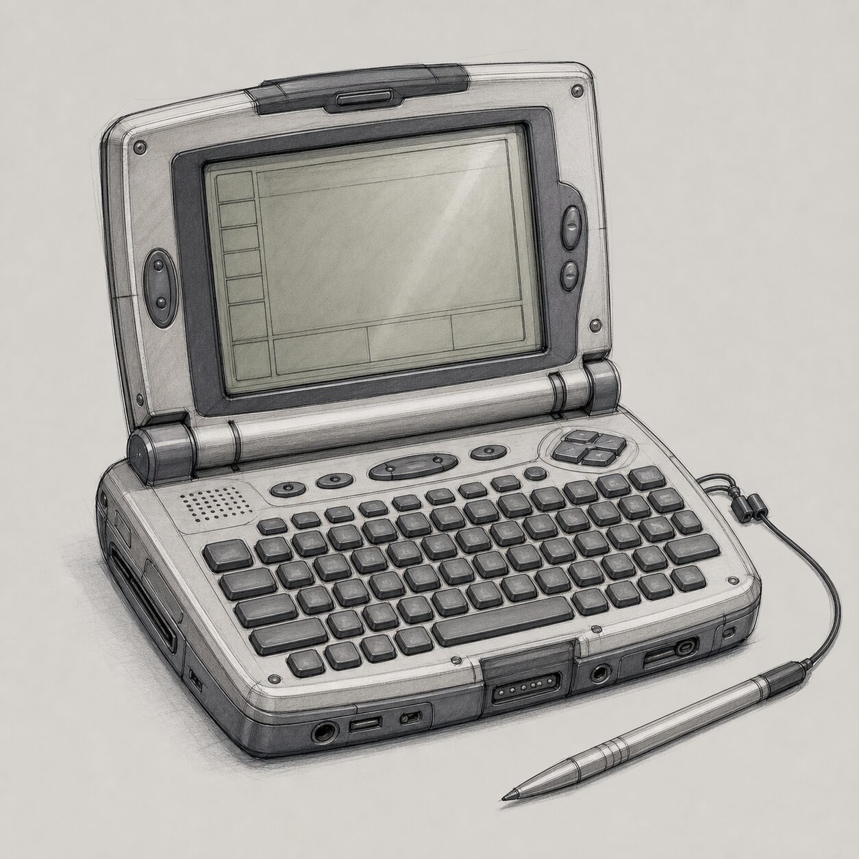 An AI-generated concept illustration imagining a 1997 prototype smartphone (not an actual product photo).