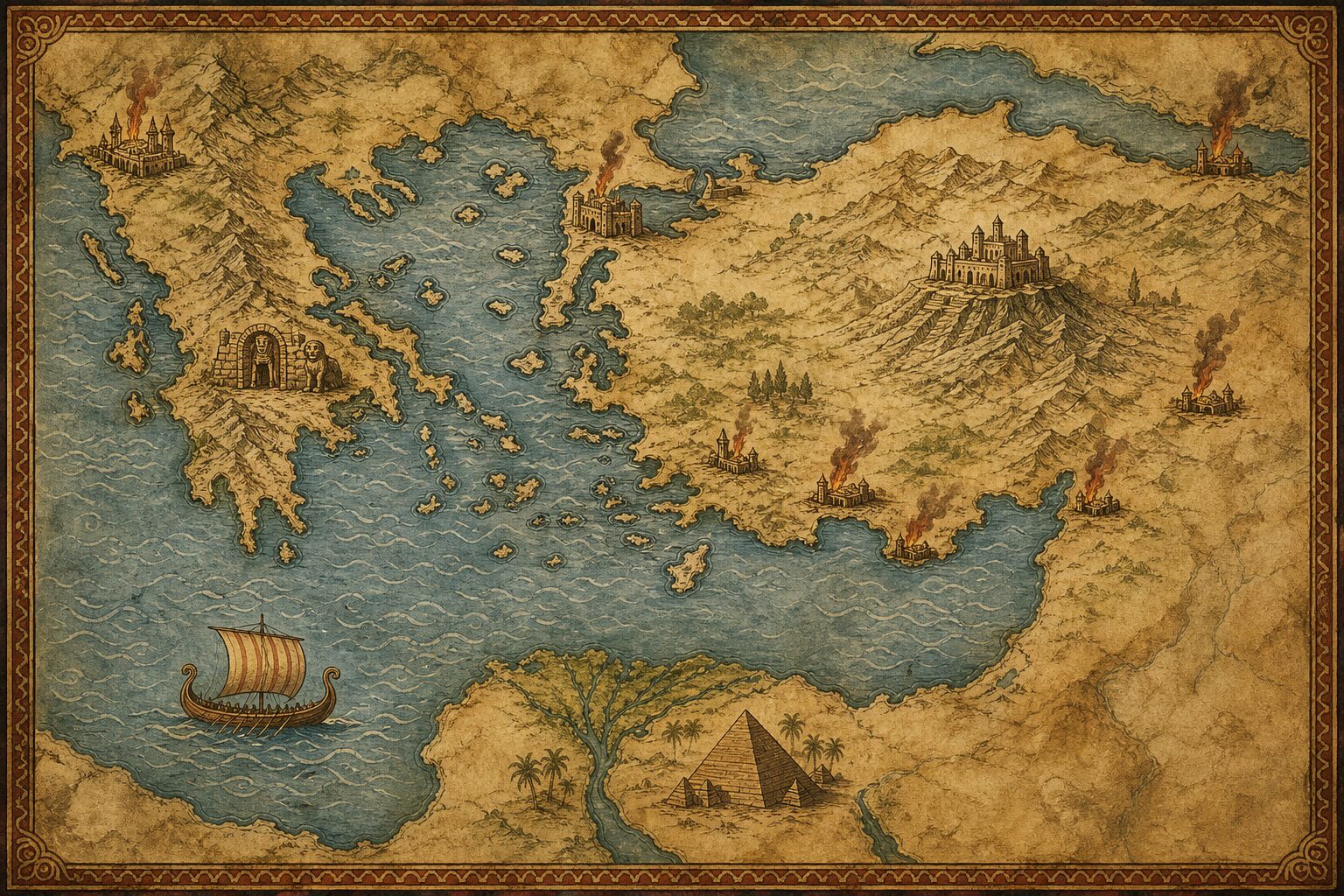 An AI-generated conceptual map showing the positions of Troy, Mycenae, and the Hittites in the late Bronze Age eastern Mediterranean