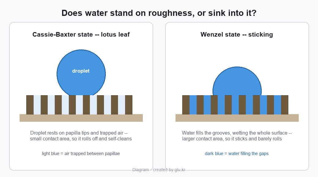 A cross-section diagram comparing two states of a droplet on a rough surface: on the left perched on the tips and trapped air, on the right with water filling the grooves and sticking