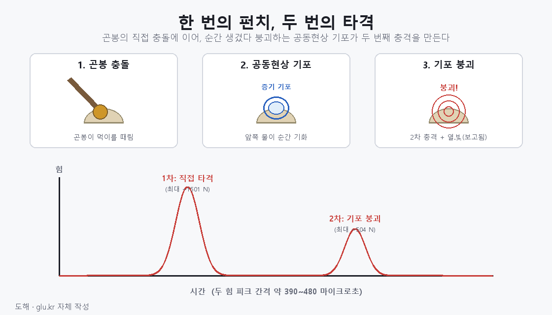 공동현상 2차 충격 도해 — 힘-시간 곡선의 두 피크