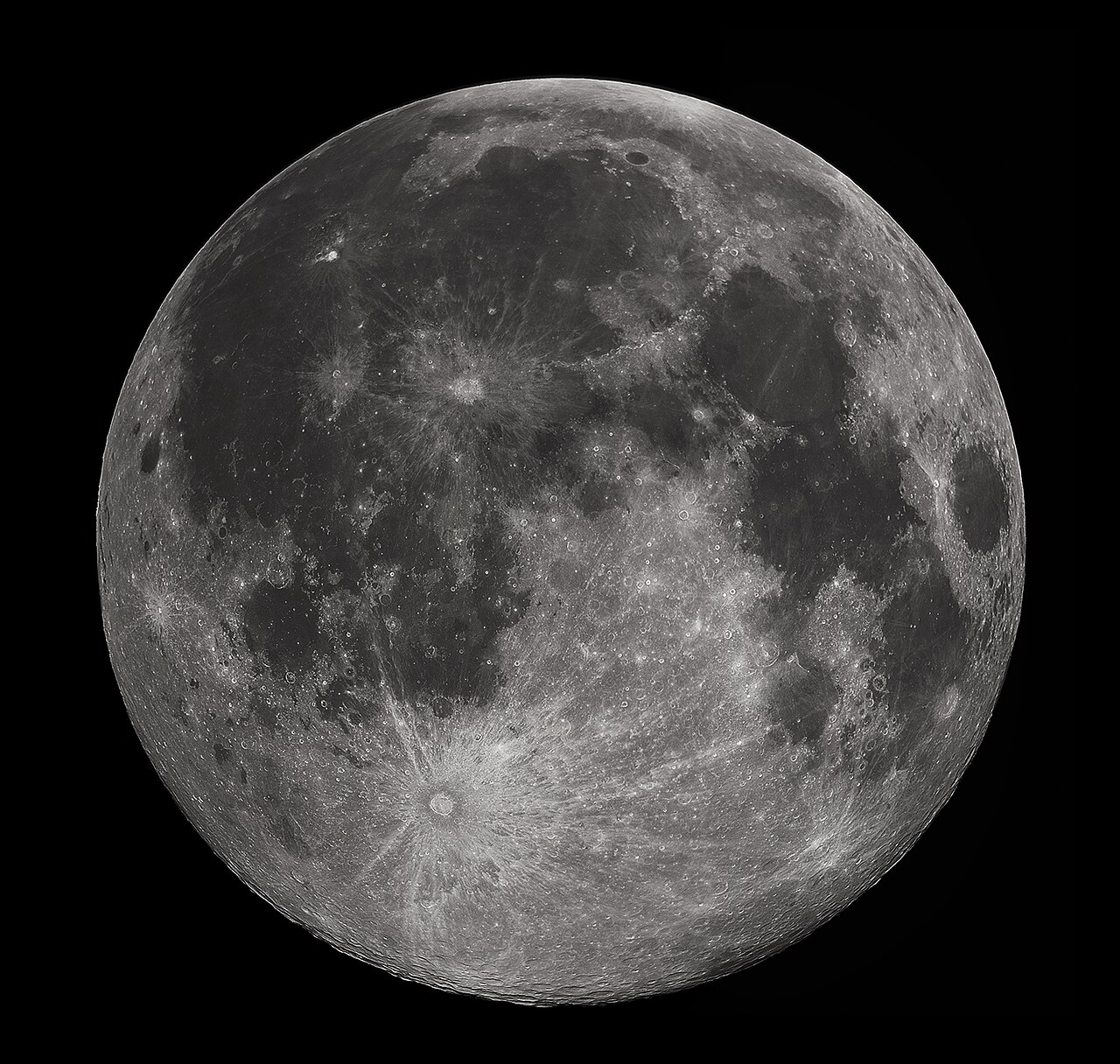 A full moon showing the dark seas and bright highlands of the near side