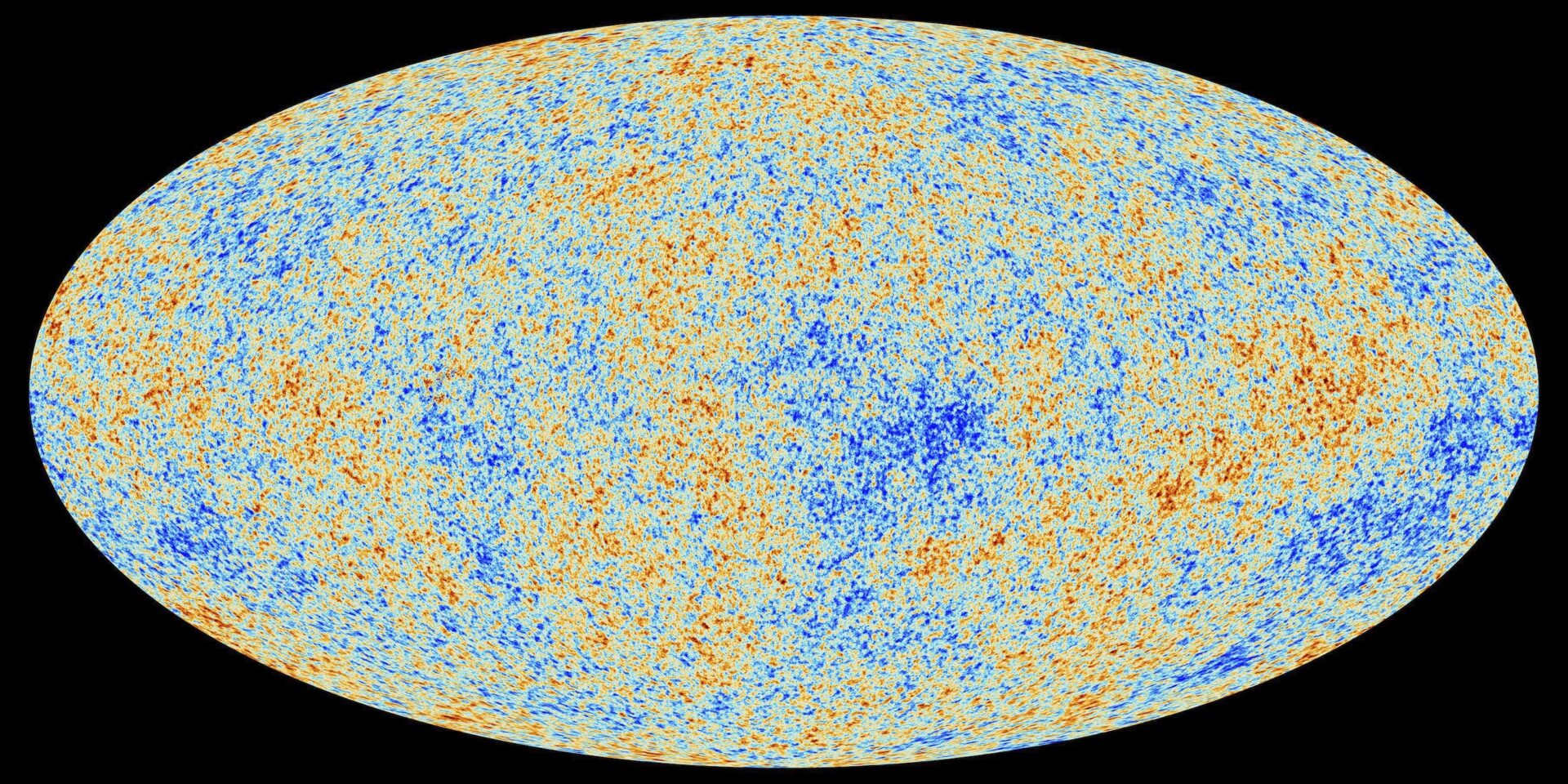 An all-sky map of the cosmic microwave background, showing temperature fluctuations in color across an oval projection