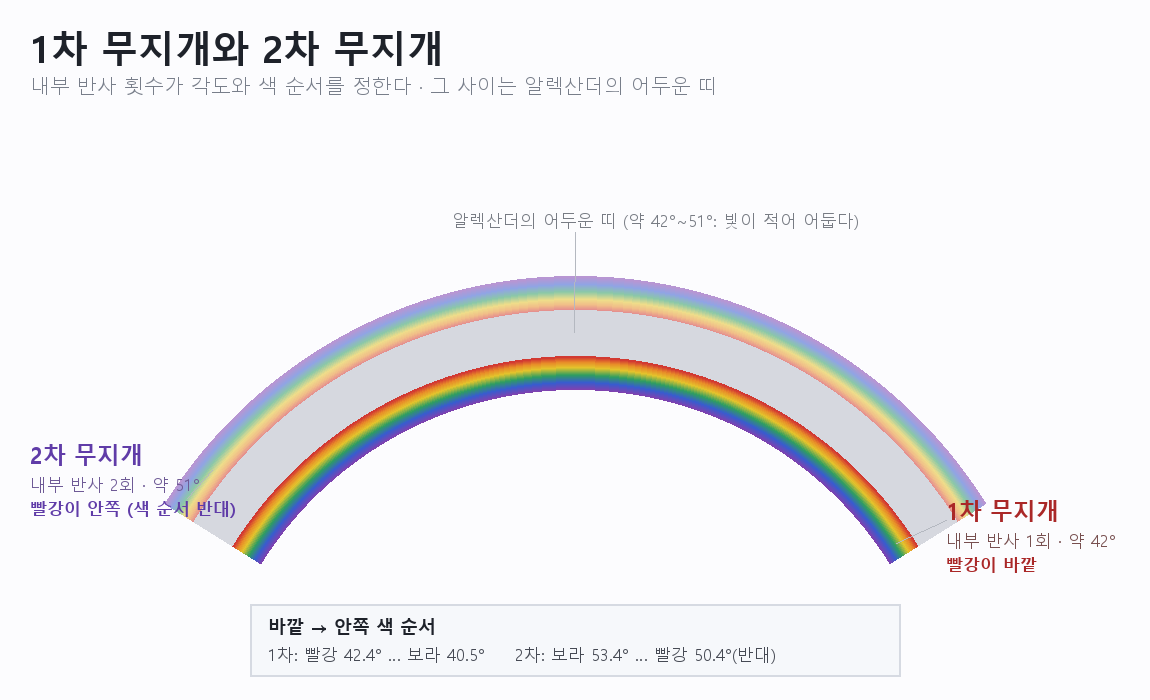 1차 무지개와 2차 무지개의 광선 경로 비교 도해. 1차는 반사 1회 약 42도, 2차는 반사 2회 약 51도이며 색 순서가 반대다