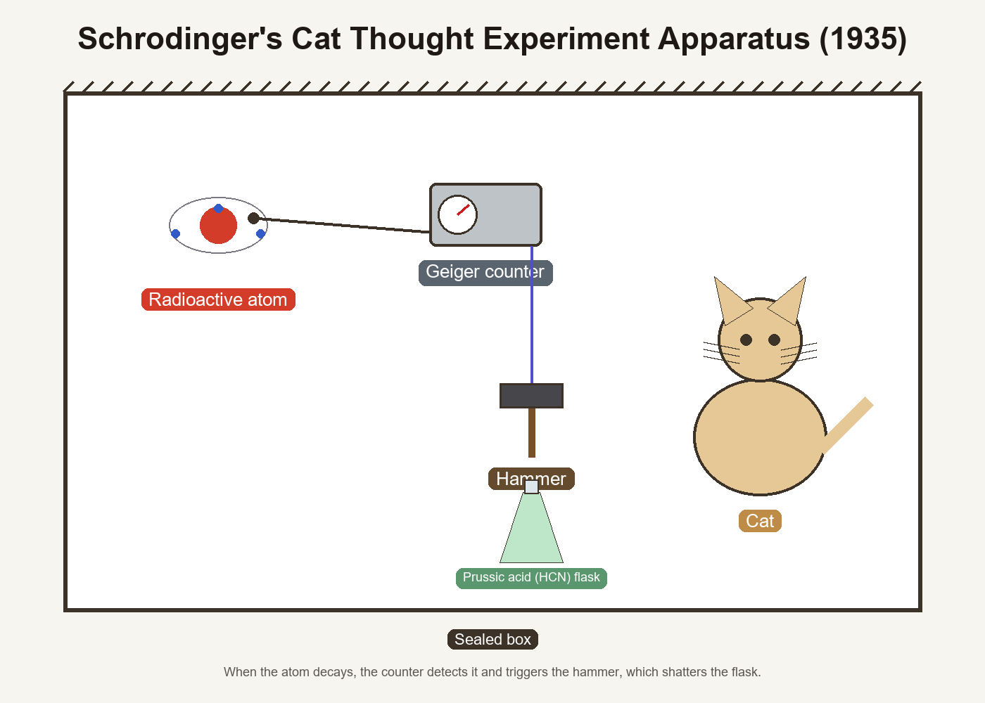Concept diagram of a box containing a radioactive atom, Geiger counter, hammer, prussic acid flask, and cat