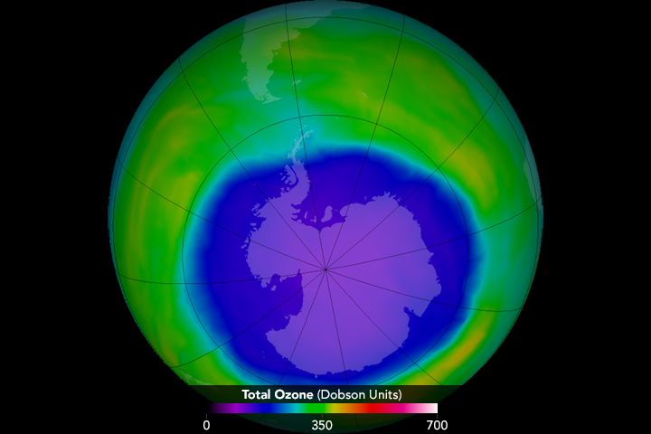 A NASA satellite image of the ozone hole over Antarctica