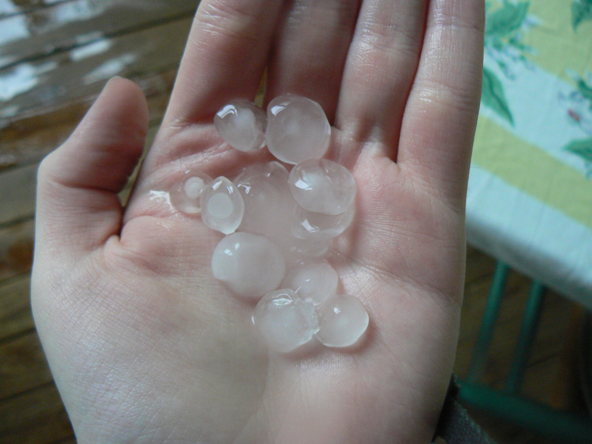 Close-up photo of several round, white hailstones resting in the palm of a hand