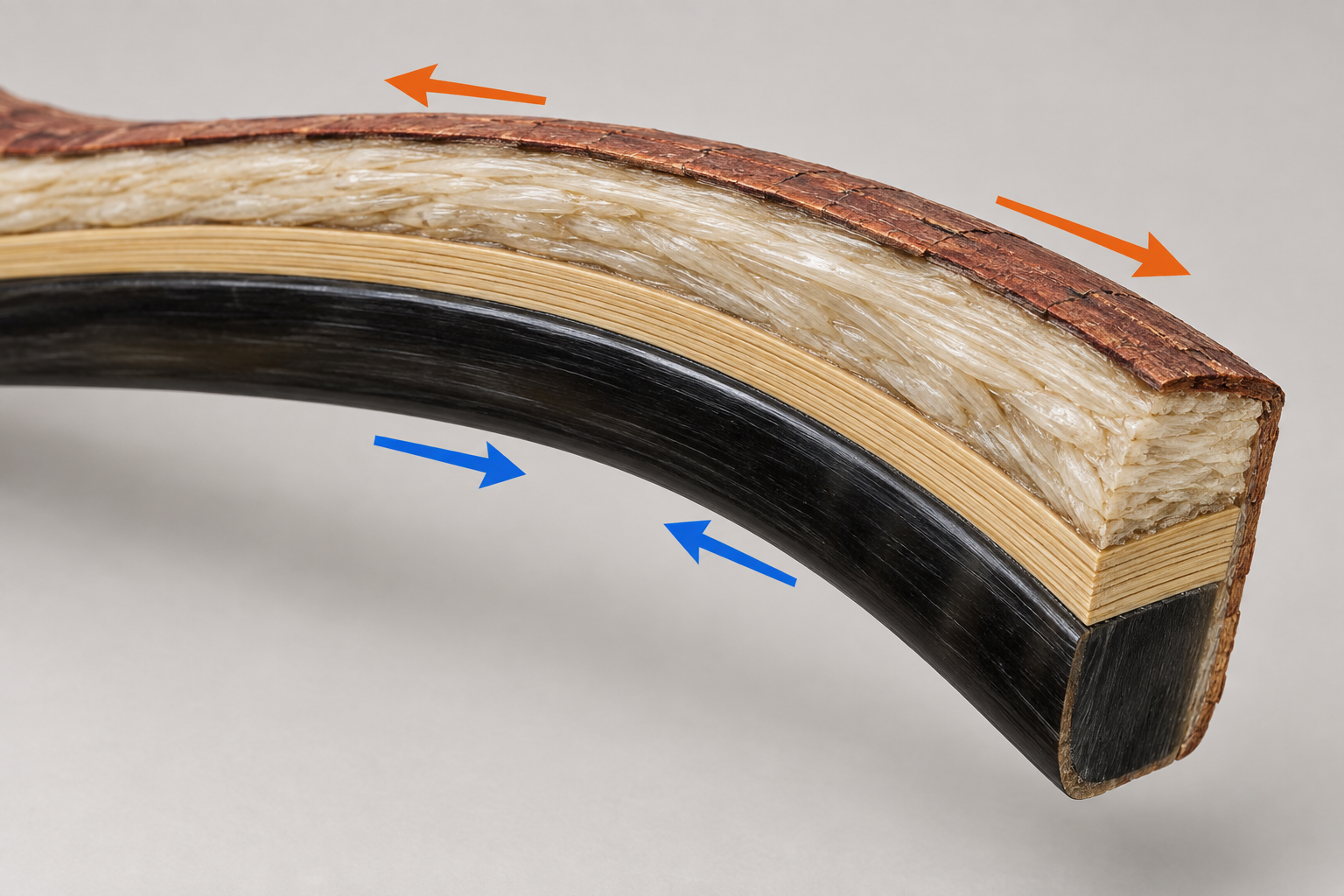 A cutaway of a bent bow limb showing black horn, bamboo, sinew and bark layers