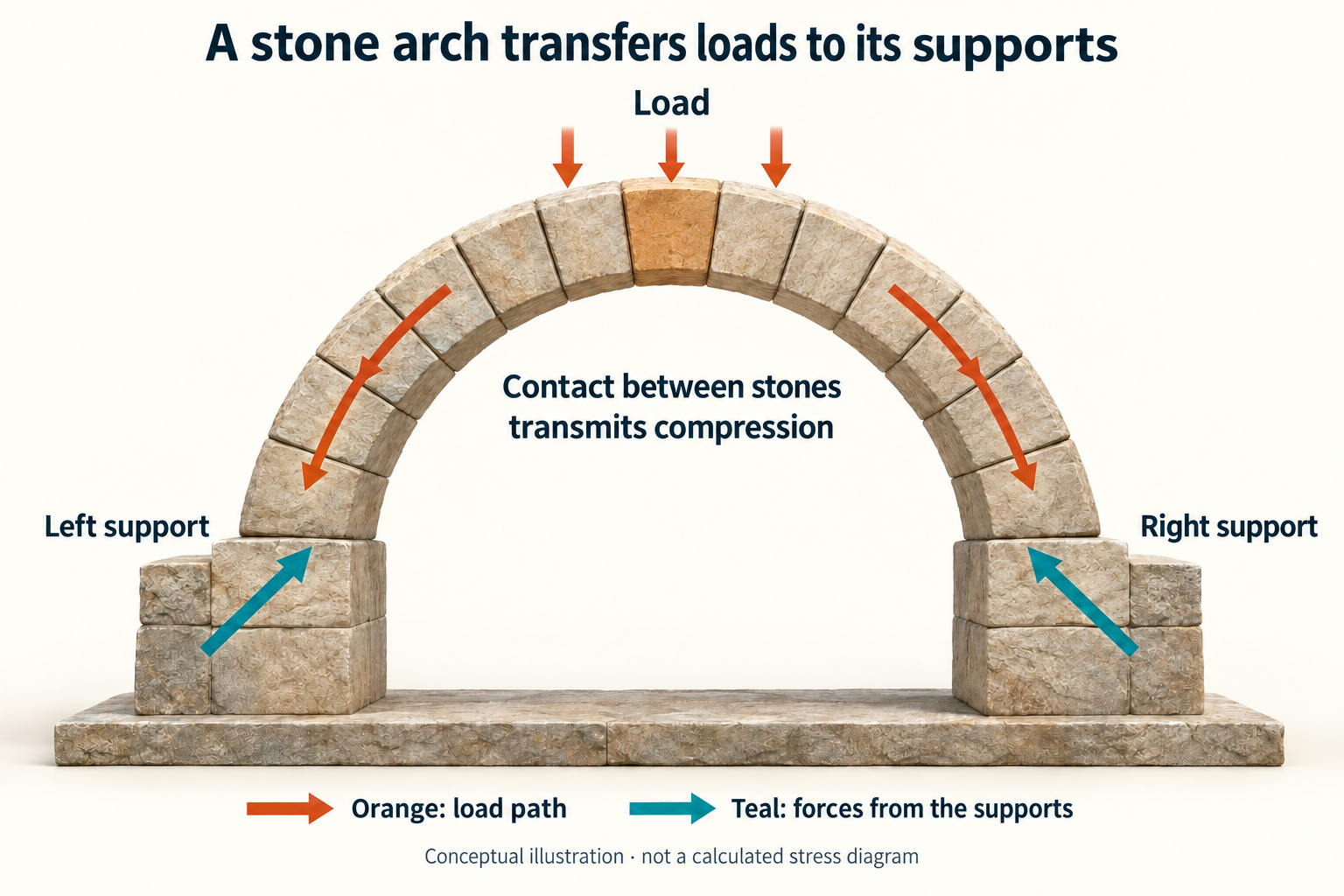 Schematic distinguishing load transfer through an arch from forces supplied by its supports