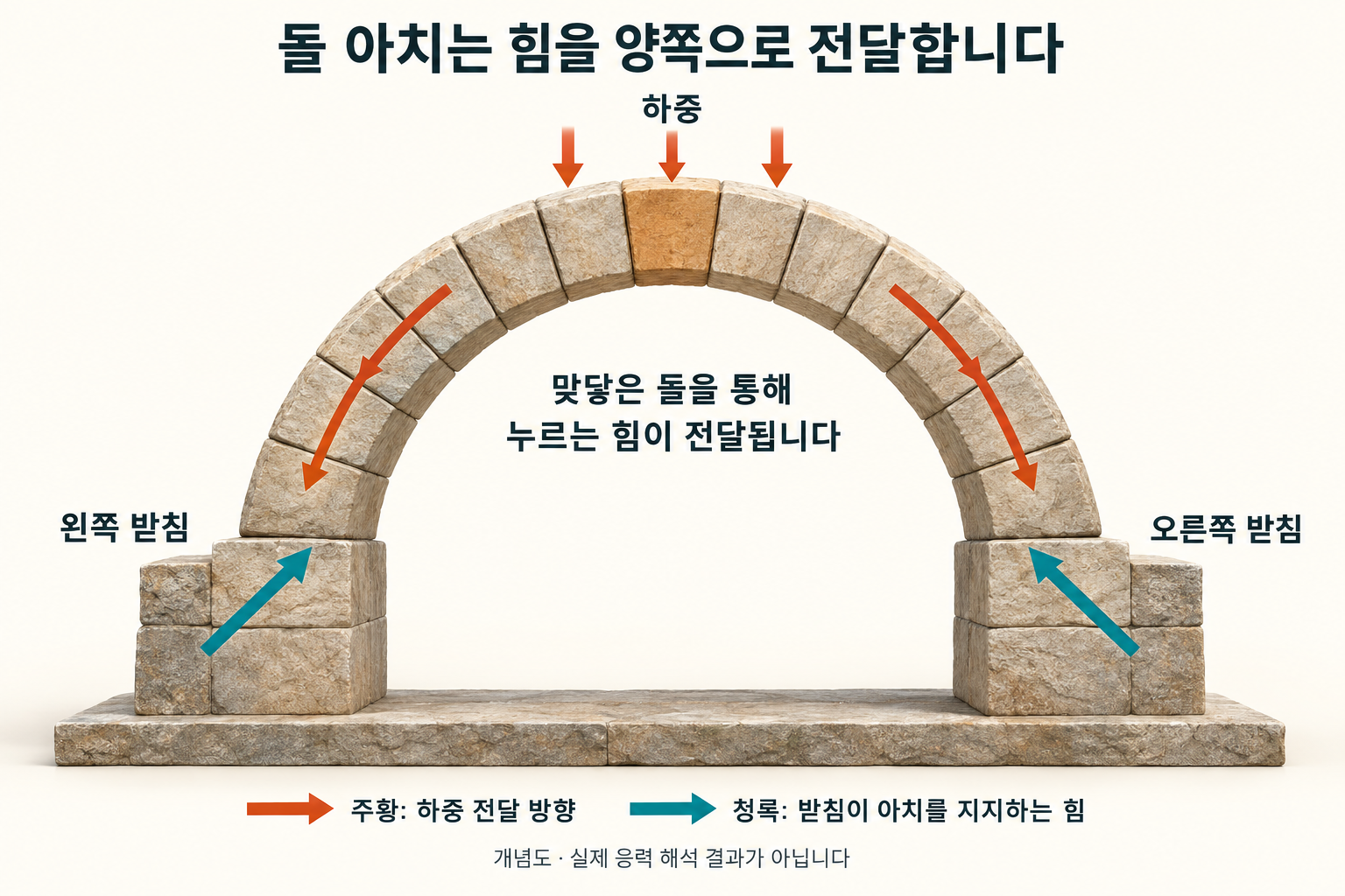 아치의 하중 전달과 양쪽 받침이 지지하는 힘을 구분한 개념도