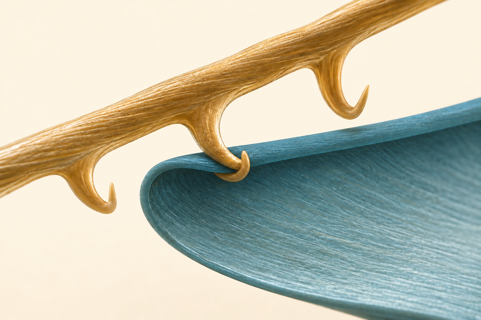 A three-dimensional concept illustration of a gold hook engaging the curved edge of a teal barbule