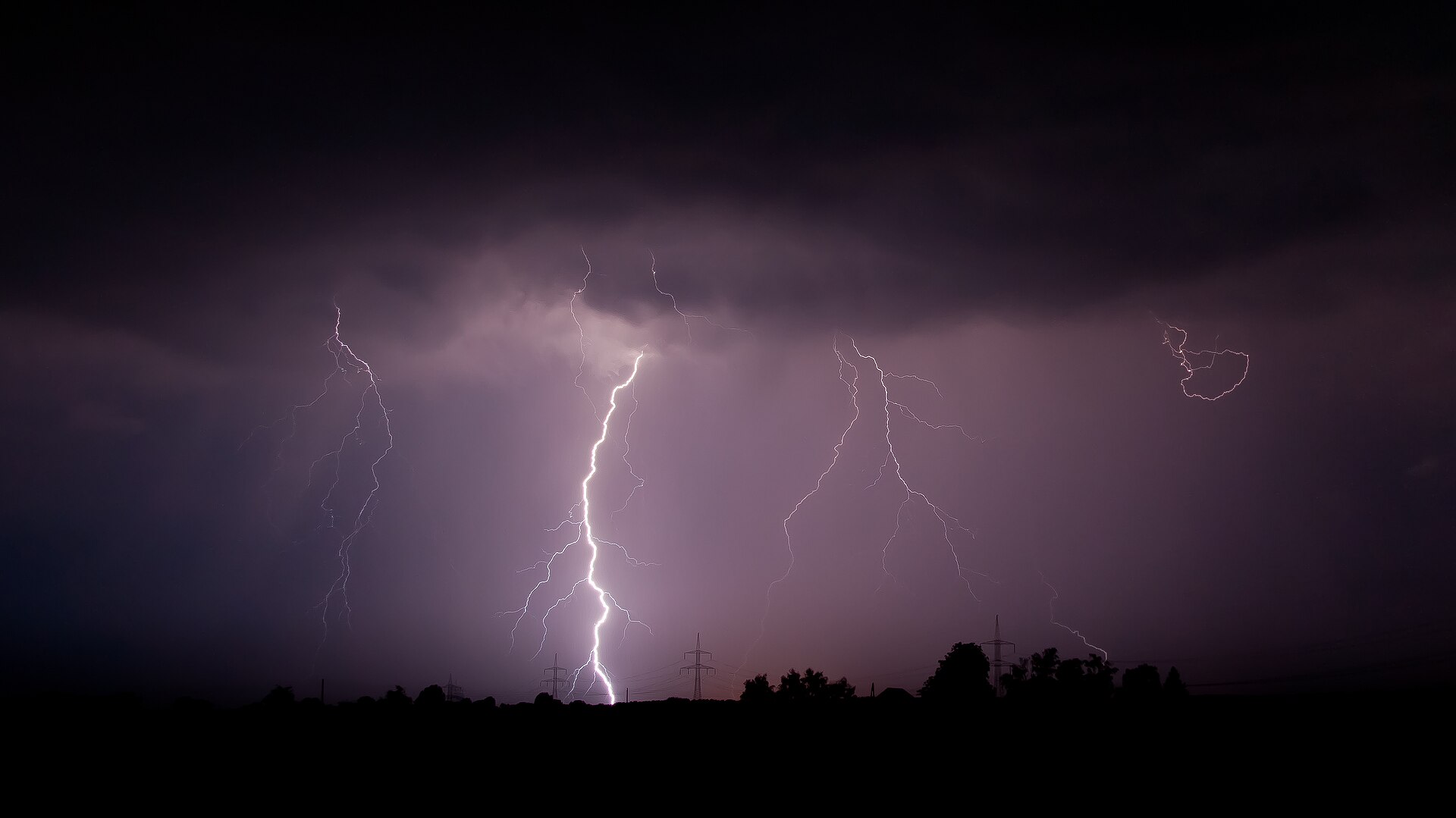 Lightning channels in the night sky above silhouetted trees and transmission towers near Pritzerbe, Germany