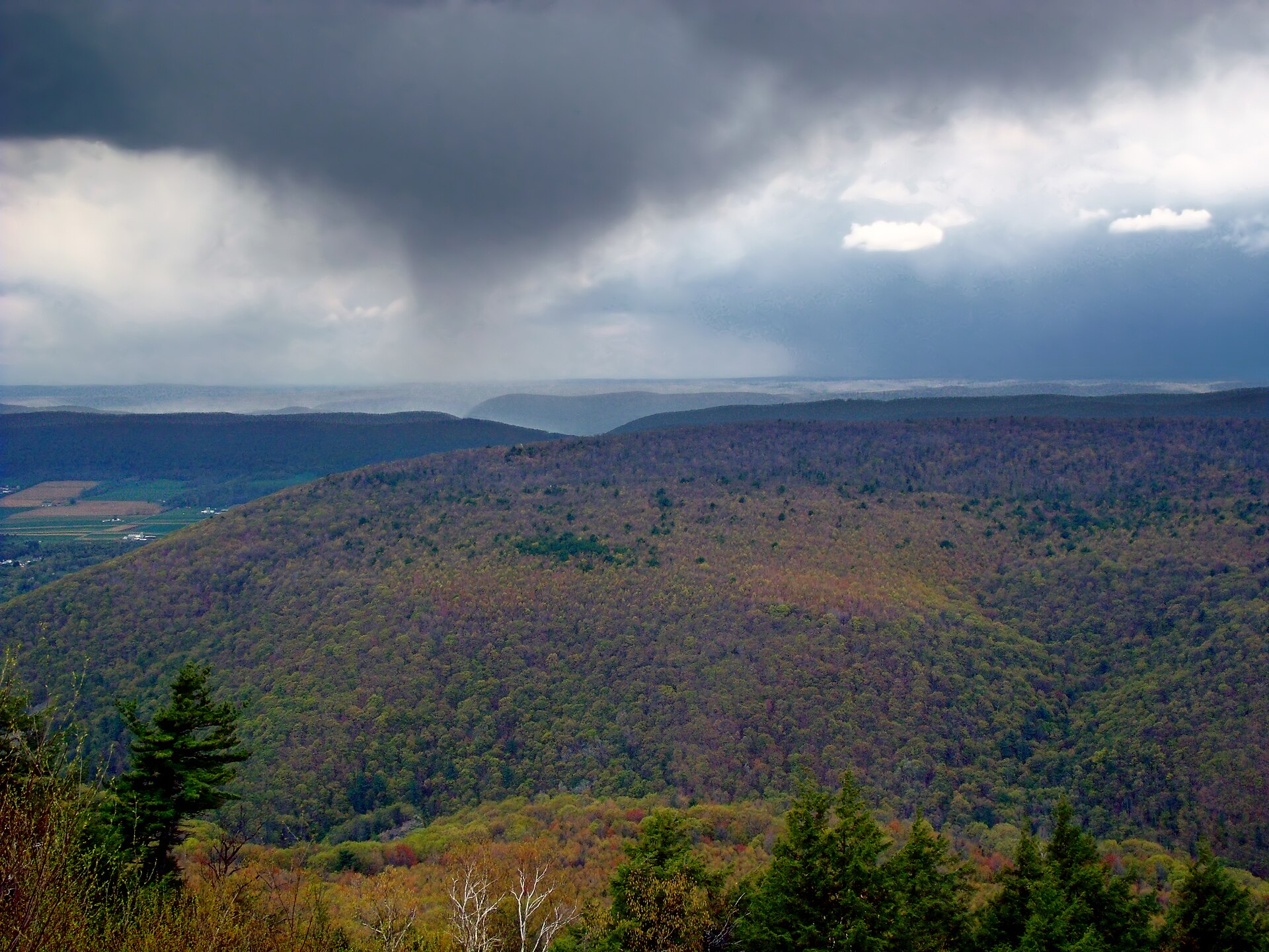 A rain curtain descending from dark clouds beyond wooded hills