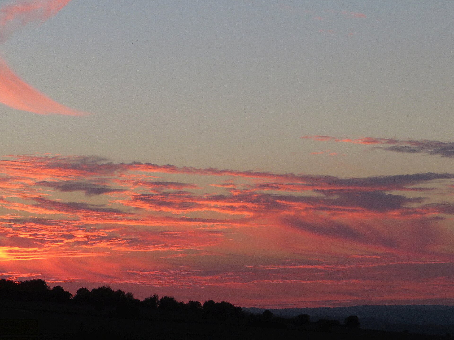 Fine reddish precipitation streaks beneath altocumulus at sunset