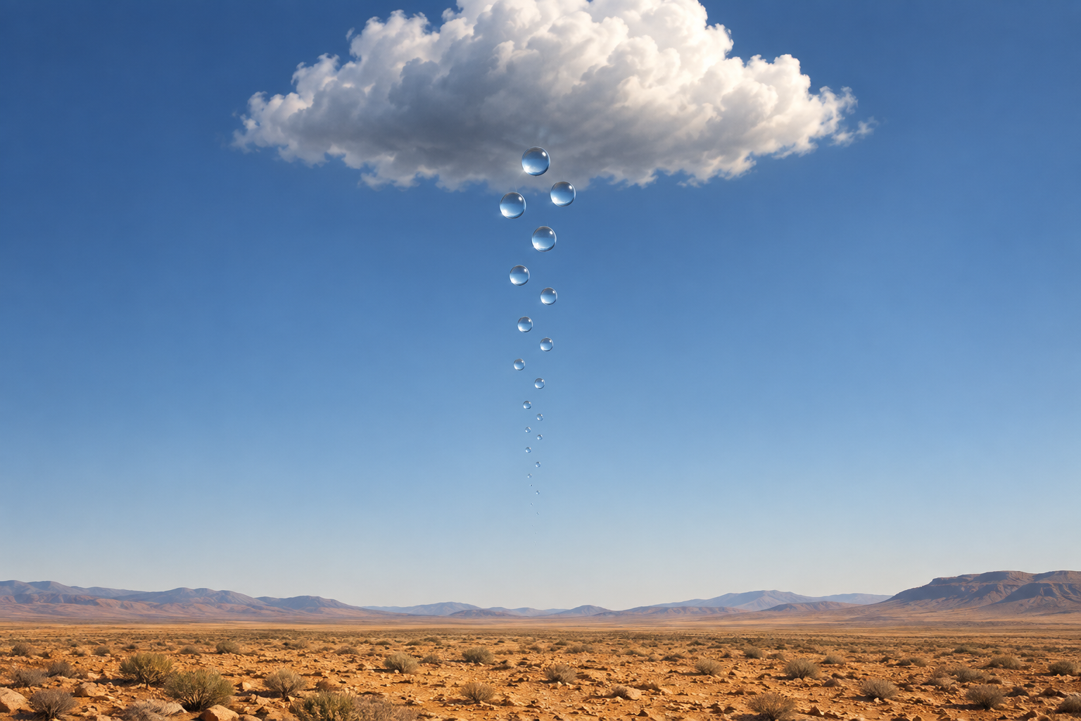 Conceptual illustration of droplets shrinking below a cloud and disappearing above the ground