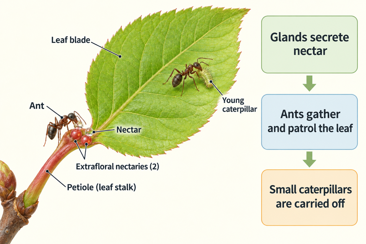 Illustration of an ant drinking nectar from two red glands at the tip of a young cherry leaf petiole, another ant on the leaf carrying a young caterpillar, and a three-step flow