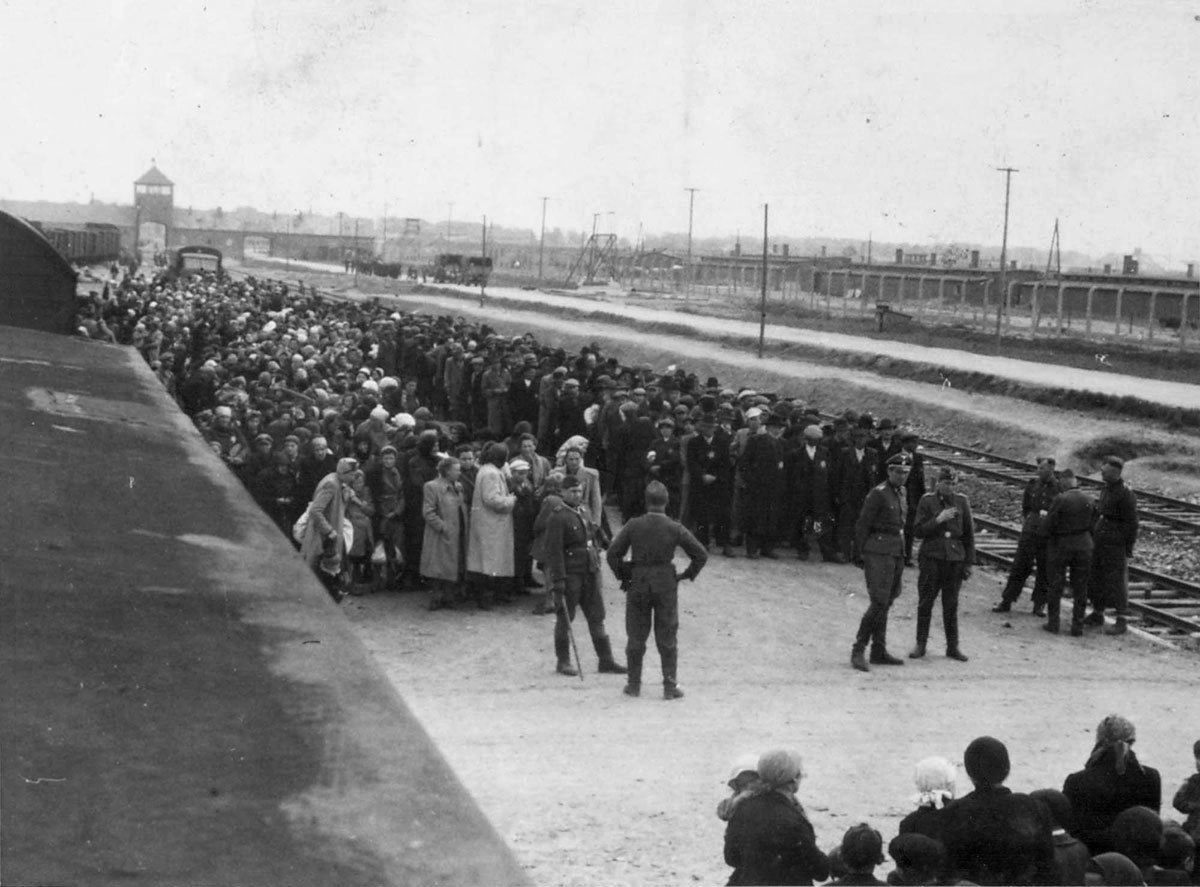 People who have just left a train stand in long lines on a platform beside the tracks, with uniformed SS men in front, in a black-and-white photo.